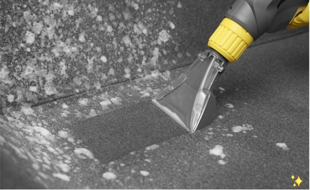 sofá com espuma a ser limpo com equipamento profissional