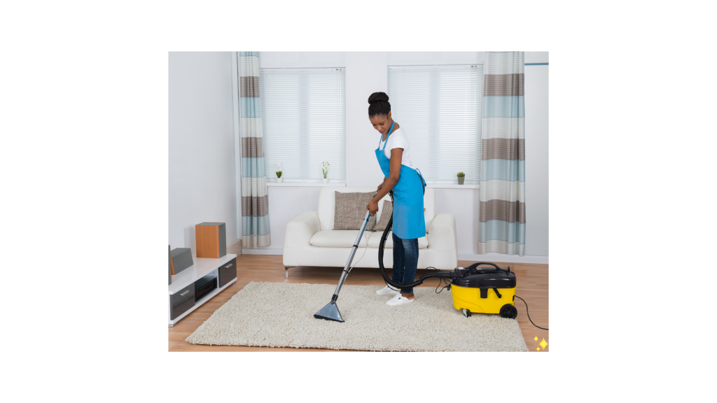 senhora africana de avental azul a aspirar o tapete impecávelmente um tapete